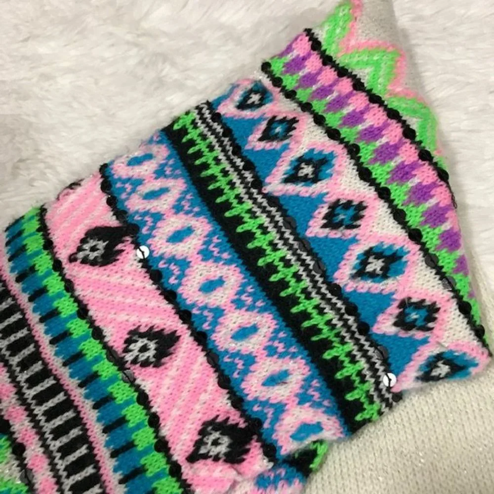 Sequin Sparkle Fair Aisle Pom Pom Scarf & Convertible Mitten to Fingerless Set